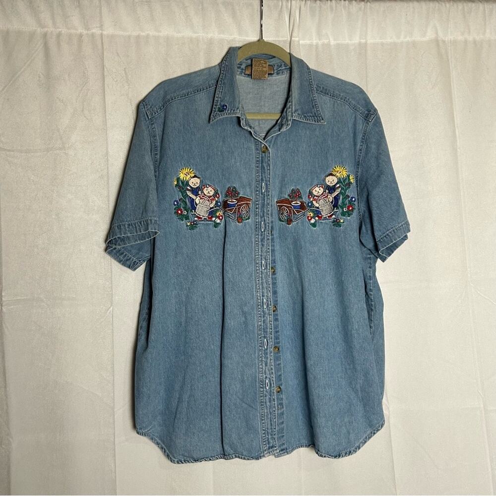 That’s My Size Denim Short Sleeve Button Up Embroidered Bear Americana Shirt 18W